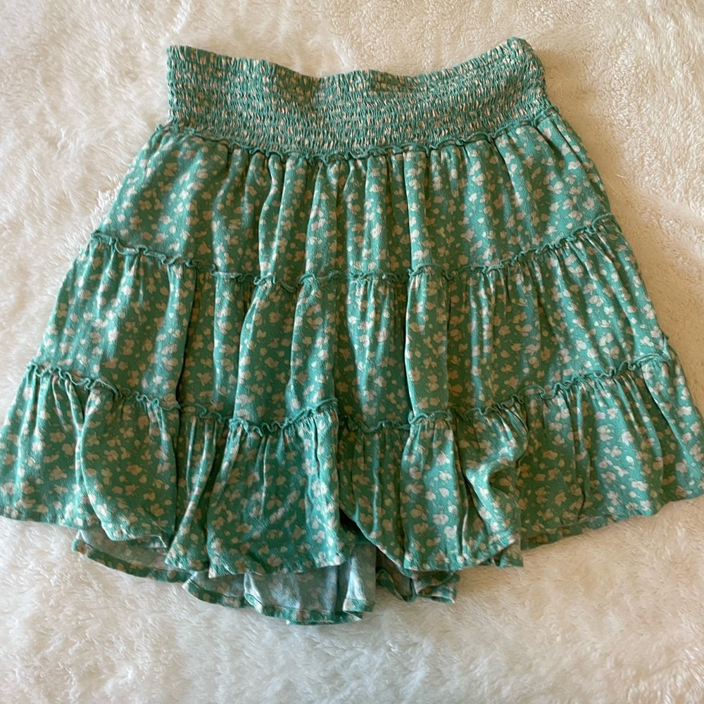 Women’s American Eagle Green Pleated Floral Mini Skirt Small Lined Summer